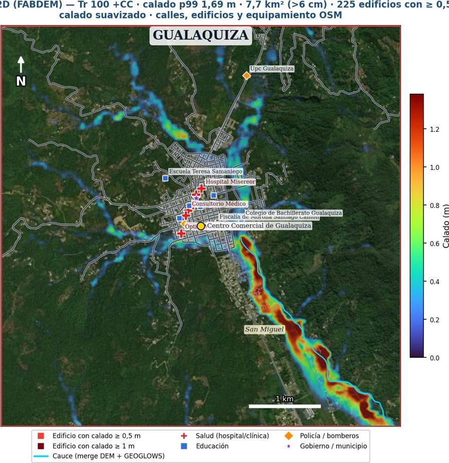 Mapa de calado 2D preliminar, Tr 100 con cambio climático, Gualaquiza