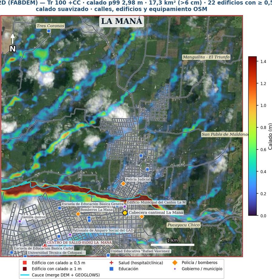 Mapa de calado 2D preliminar, Tr 100 con cambio climático, La Maná