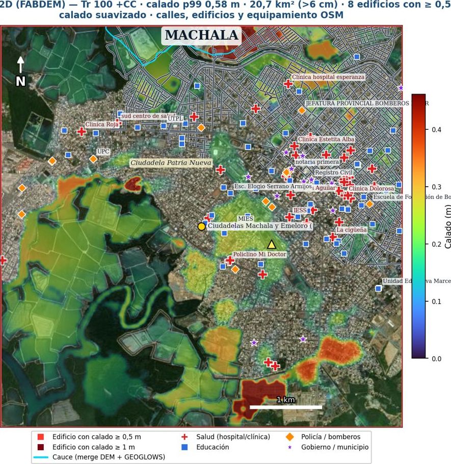 Mapa de calado 2D preliminar, Tr 100 con cambio climático, Machala