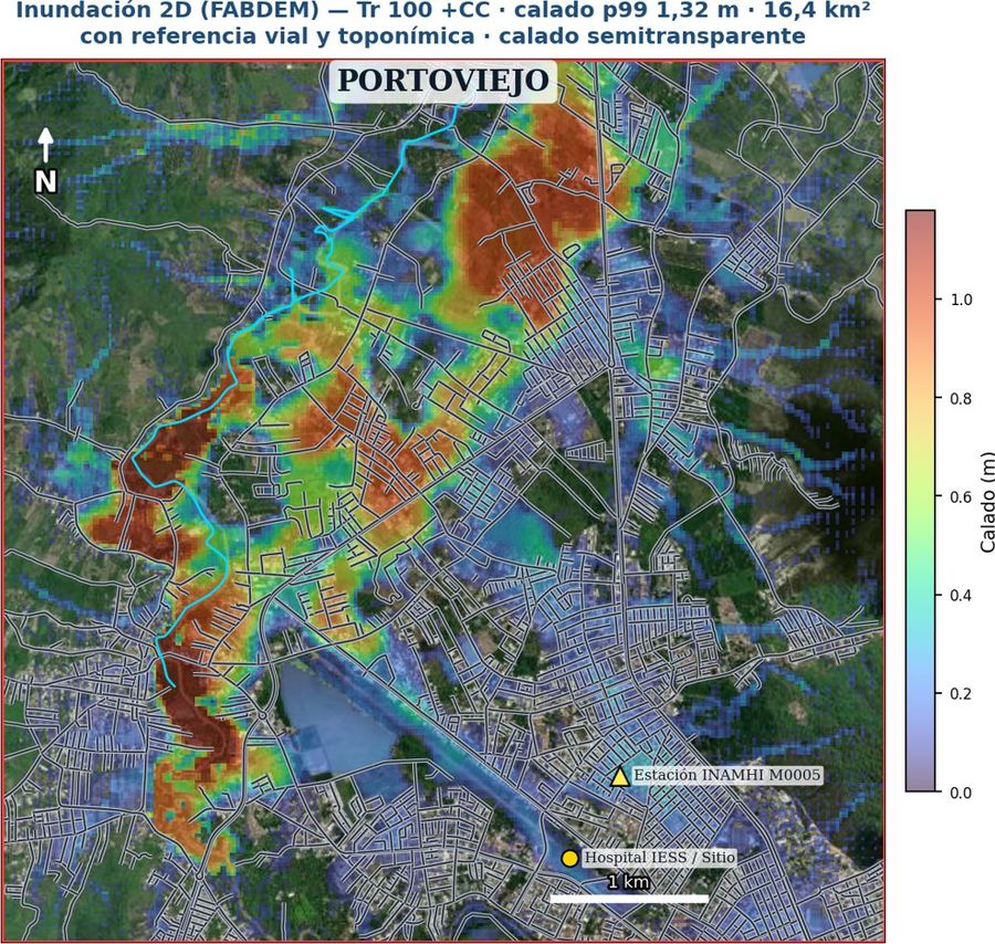 Mapa de calado 2D preliminar, Tr 100 con cambio climático, Portoviejo